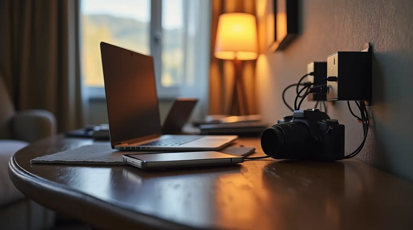 Travel electronics setup showing multiple devices charging through Swiss power adapters in a hotel room