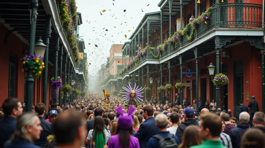 A lively street festival scene with a crowd of people gathered between two rows of historic buildings adorned with colorful flower garlands and decorations. Performers in vibrant costumes, including a figure with a sunburst headdress, walk through the crowd as confetti fills the air.