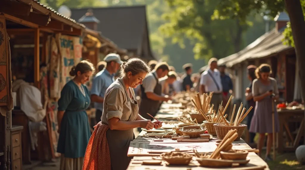 A lively outdoor craft market with artisans and visitors interacting at wooden stalls. A woman in the foreground smiles as she works on a craft project, surrounded by handmade items and tools, while other artisans and shoppers fill the bustling market.