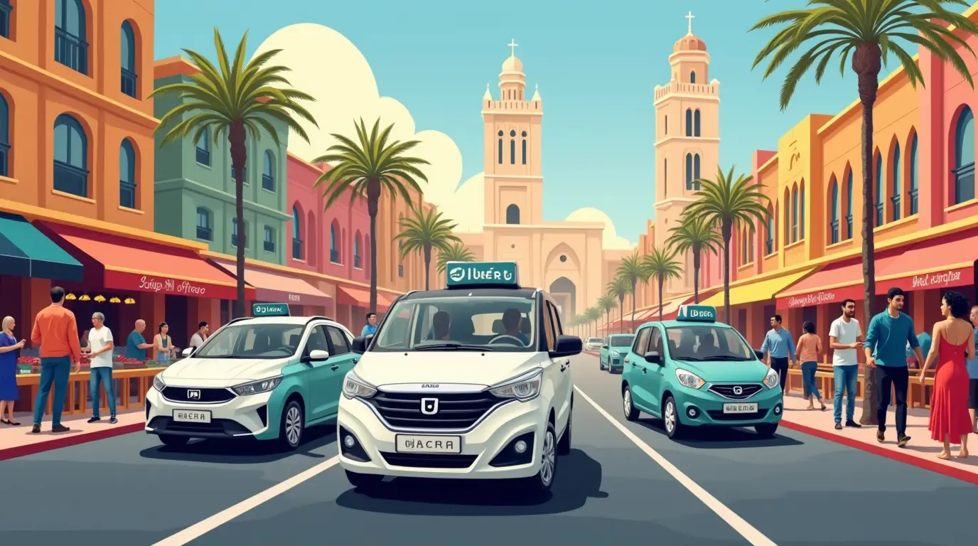 A modern transportation scene in Casablanca, Morocco, showcasing a mix of ride-hailing options, including cars with Uber branding. Depict users engaging with ride-hailing apps on their smartphones, surrounded by iconic Casablanca architecture and vibrant street life. Use warm, inviting colors to highlight the lively atmosphere of the city, incorporating elements like bustling markets and traditional Moroccan motifs to enhance the cultural backdrop.