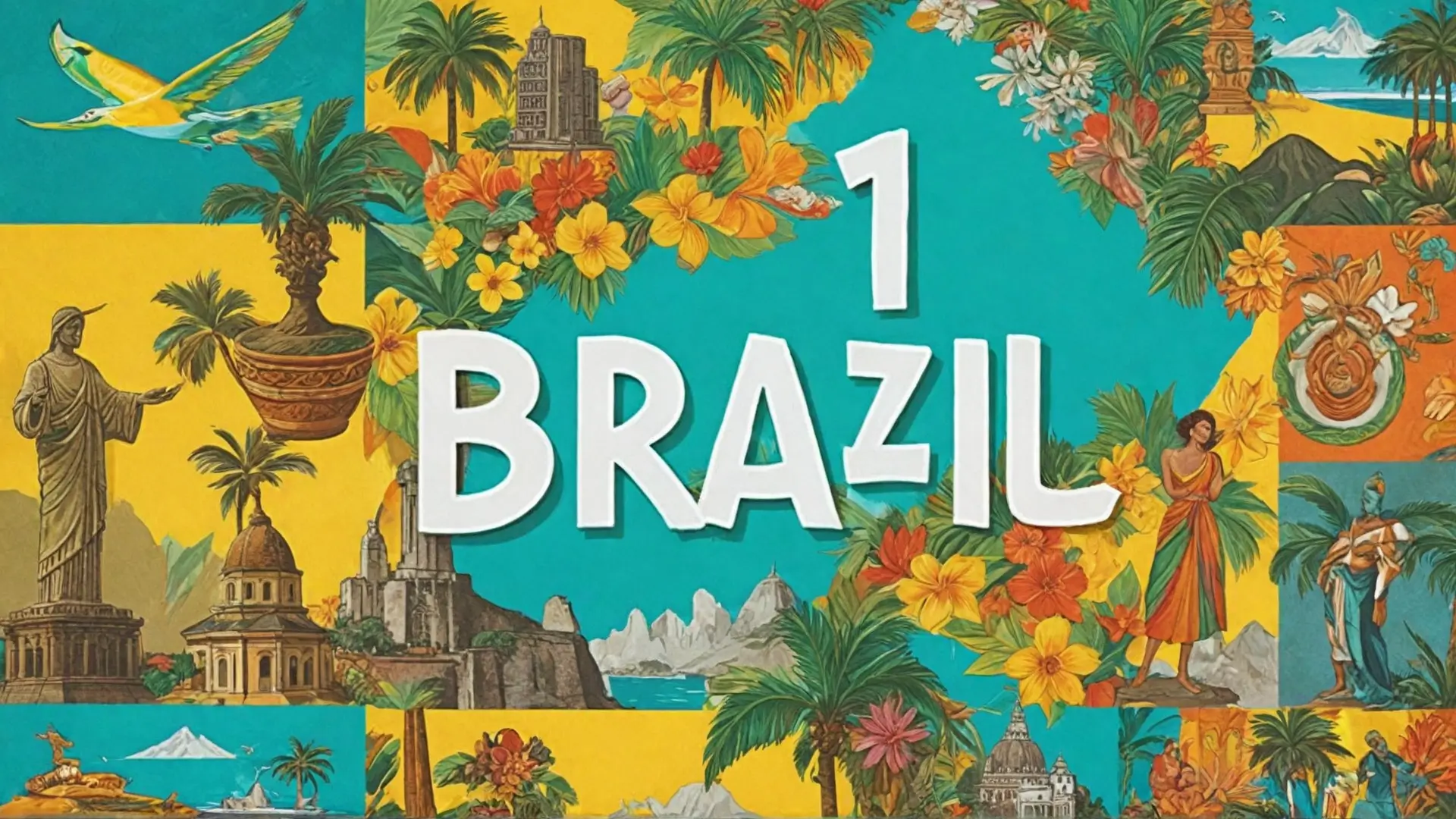 A vibrant and colorful collage representing Brazil's diverse attractions for first-time travelers. Include iconic landmarks like Christ the Redeemer and Sugarloaf Mountain, samba dancers in traditional costumes, a lively street carnival scene, delicious Brazilian dishes like feijoada and acai bowls, and pristine beaches with turquoise waters. Use a warm and inviting color palette that reflects the sunny atmosphere of Brazil. Add the text overlay: "Unveiling Brazil: A First-Timer's Guide to the Land of Samba and Sunshine" in a bold, inviting font.