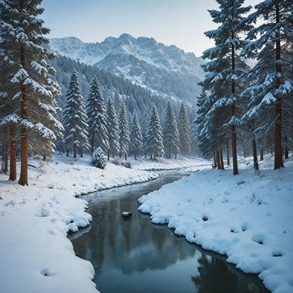 A magical winter scene in the Atlas Mountains, focusing on Ifrane as a storybook destination. Showcase the snow-covered landscapes, with pristine blankets of snow draping over streets, trees, and mountains, creating a picturesque winter postcard atmosphere. Illustrate the cozy ambiance of winter activities and sports, with temperatures ranging from -4°C to 10°C (25°F to 50°F), highlighting the beauty and charm of this winter wonderland.