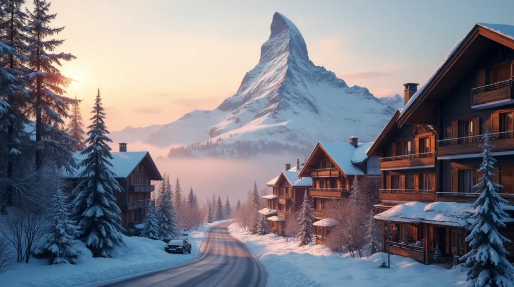 Winter morning view of Zermatt with Matterhorn mountain