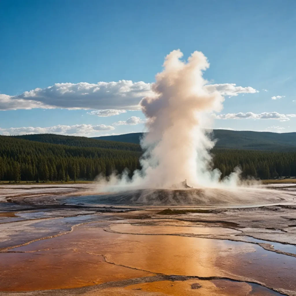 A stunning view of Yellowstone National Park featuring the iconic Old Faithful geyser erupting against a backdrop of vibrant hot springs like Grand Prismatic Spring. The landscape should include lush greenery and wildlife such as bison and elk, showcasing the park's geothermal features and natural beauty.