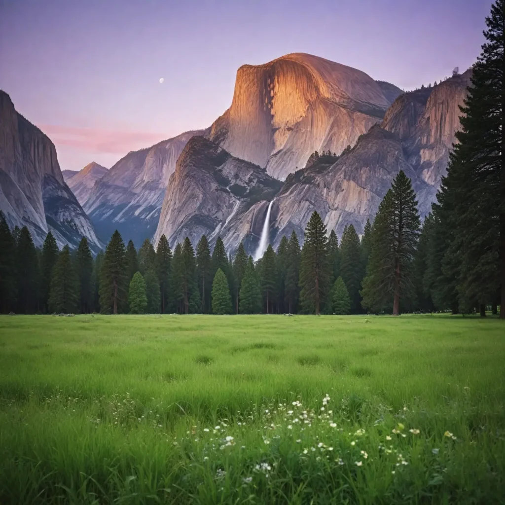 A breathtaking scene of Yosemite National Park, highlighting the towering granite cliffs of El Capitan and Half Dome, with cascading waterfalls and lush meadows. The image should capture climbers scaling the cliffs and stargazers enjoying the clear night sky, illustrating the park's diverse ecosystems and natural wonders.