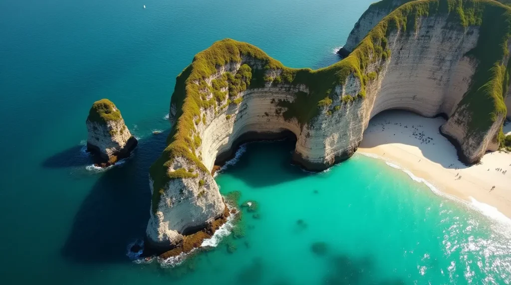  A stunning aerial view of a secluded BAIA beach surrounded by towering cliffs covered in greenery, with clear turquoise waters