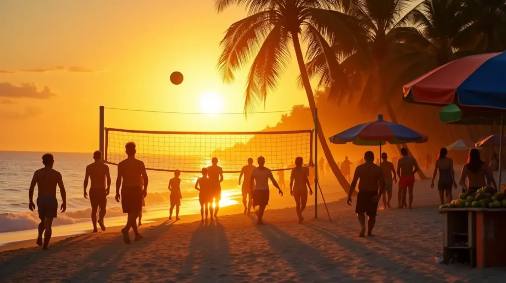 People playing beach volleyball at sunset, surrounded by palm trees and beach umbrellas