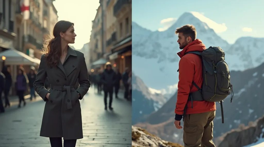 Split image comparing appropriate attire for Swiss cities and mountains