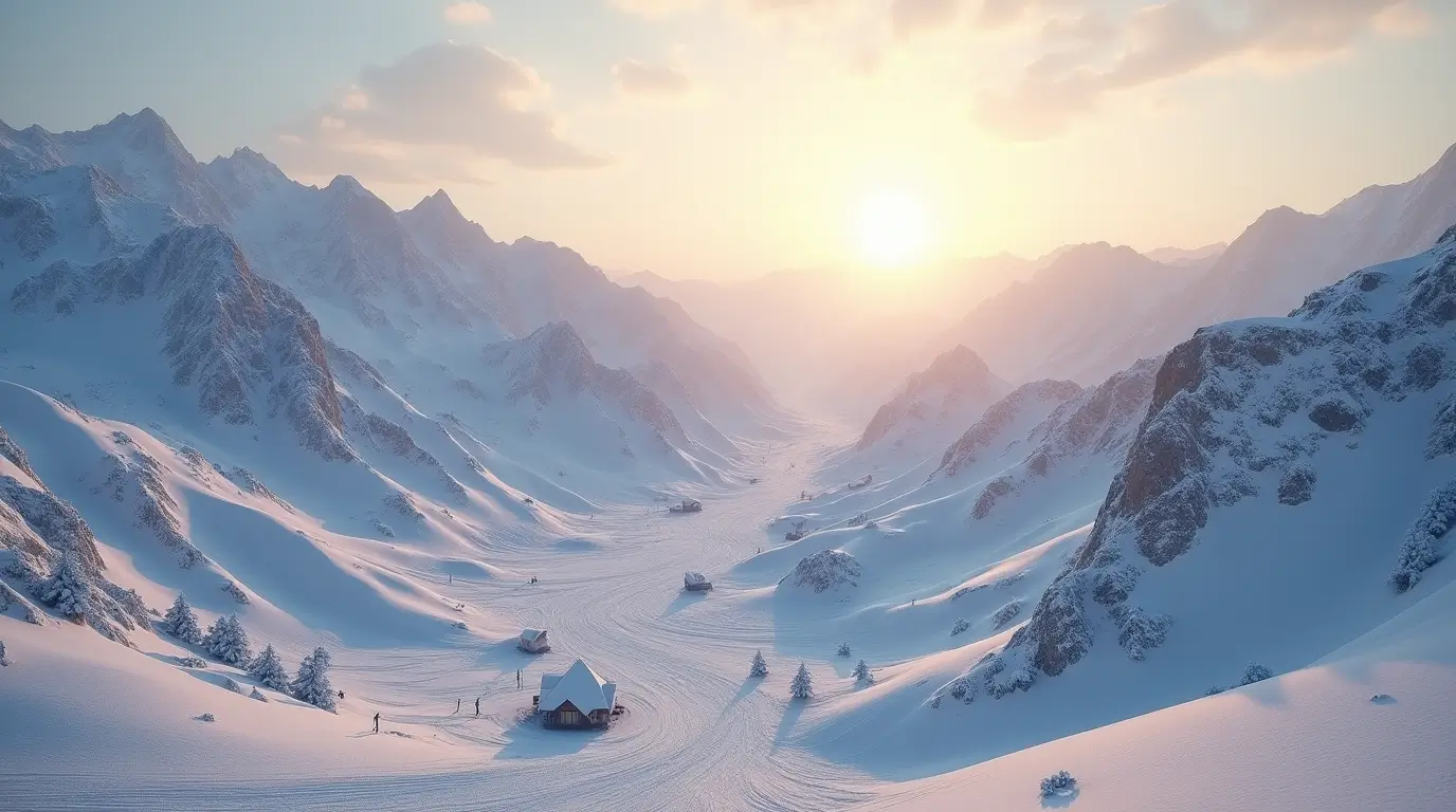 A snowy mountain valley at sunrise with a wooden cabin in the foreground, surrounded by trees and smaller huts. The sun rises over the distant peaks, casting a warm golden glow on the snow.