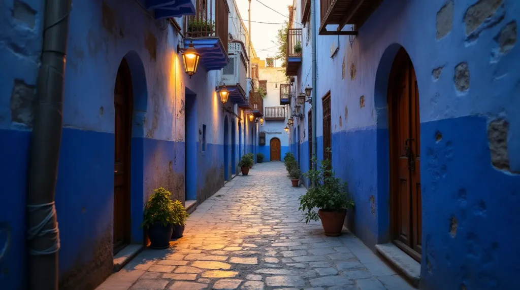 Blue-walled alleyway in Chefchaouen at dusk with glowing lanterns and potted plants along the cobblestone path