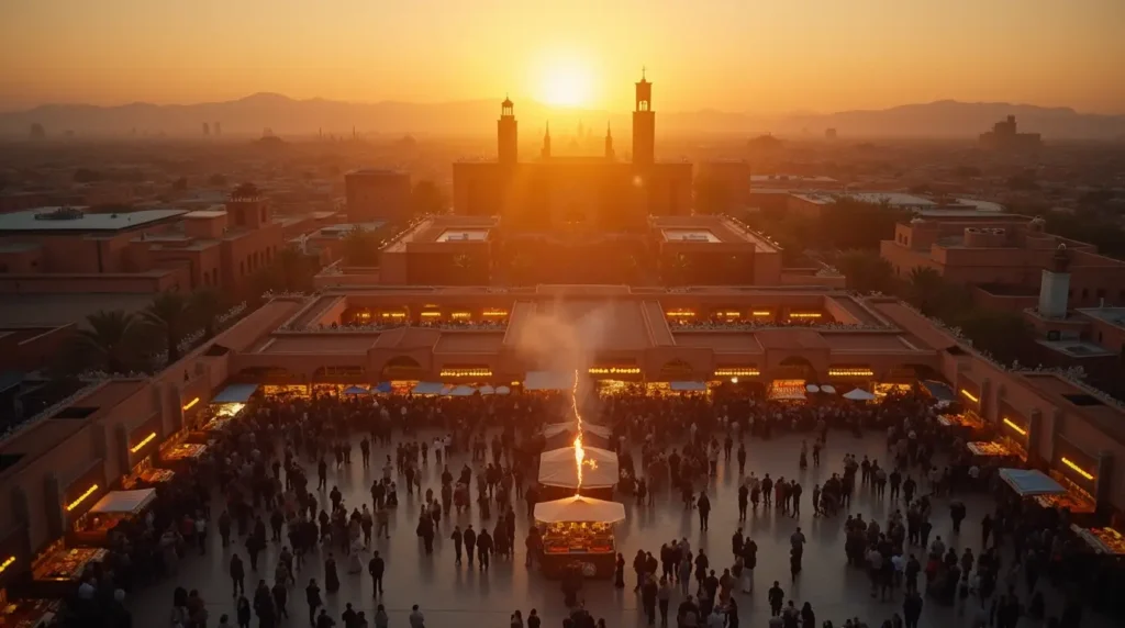 A bustling marketplace at sunset, with crowds gathered around stalls and a fire-lit vendor in the center. A grand building with two towers stands in the background, silhouetted by the golden glow of the setting sun.