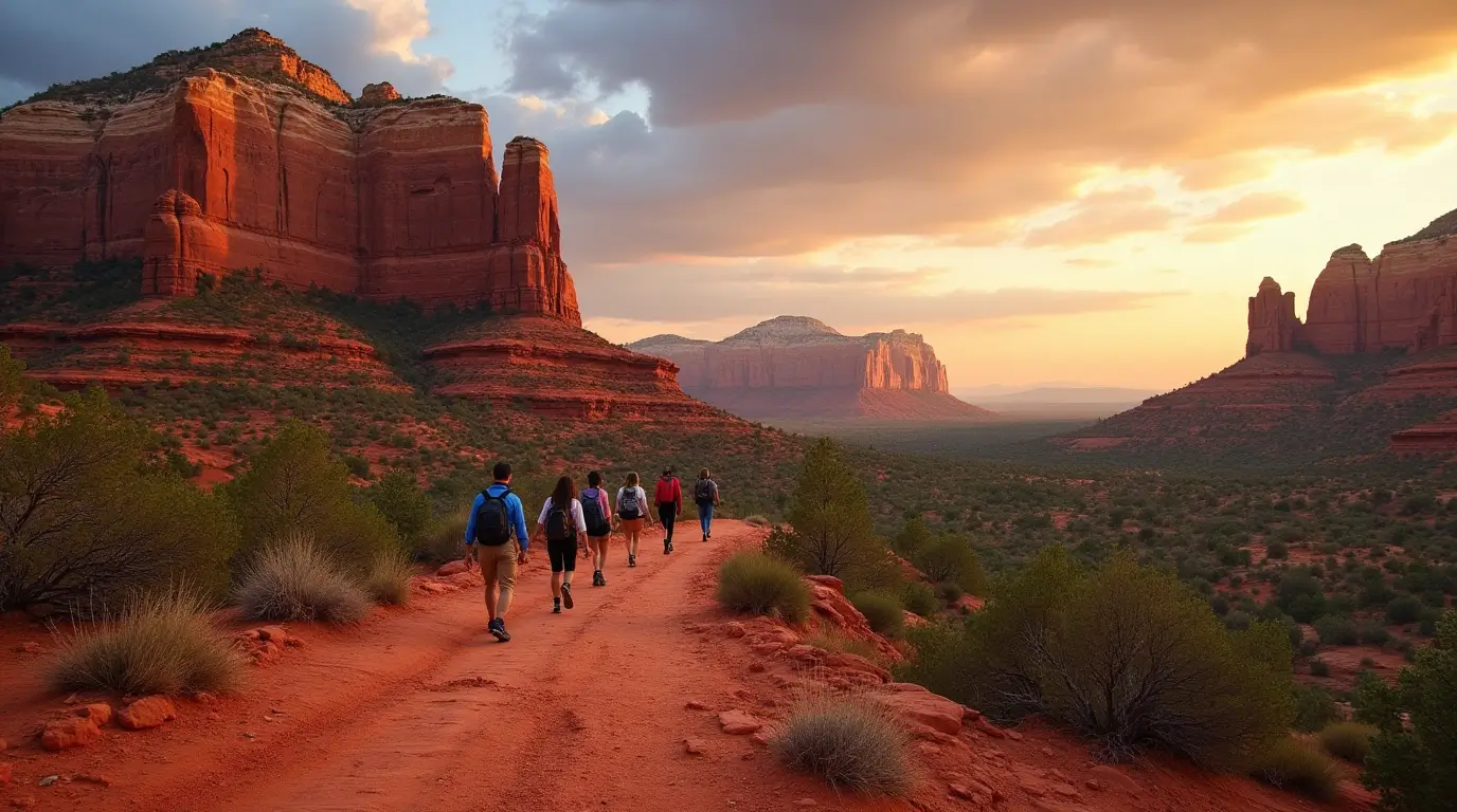 A group of hikers walking along a red dirt trail surrounded by stunning red rock formations in the desert at sunset, with warm golden light illuminating the landscape.