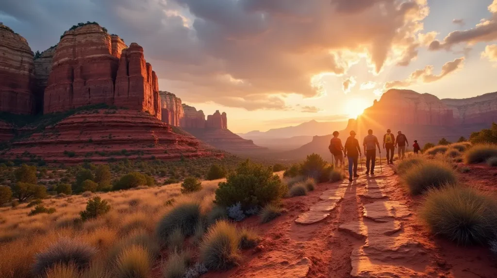 A group of hikers walking along a red rock trail at sunset, surrounded by dramatic desert cliffs and glowing red rock formations, with the sun setting behind the mountains in the distance. 