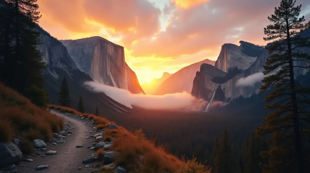 A scenic mountain valley at sunrise, with a winding trail in the foreground, towering granite cliffs, and a glowing orange sky. Mist and low clouds hover in the valley below