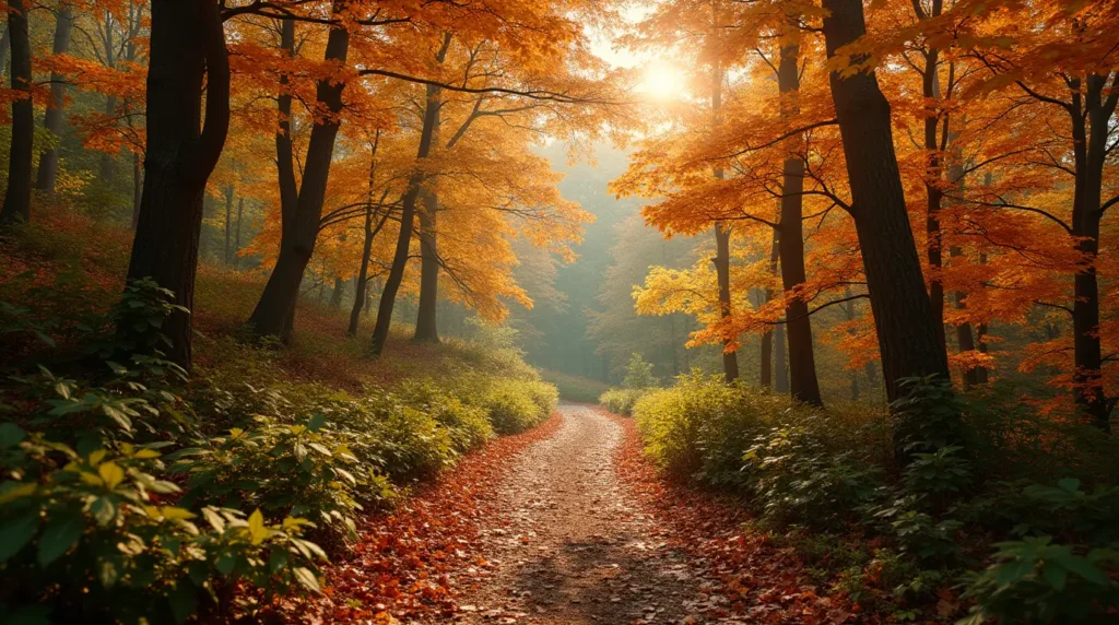 A serene autumn hiking trail winding through a forest with golden orange leaves overhead, sunlight filtering through the canopy, and fallen leaves scattered along the dirt path