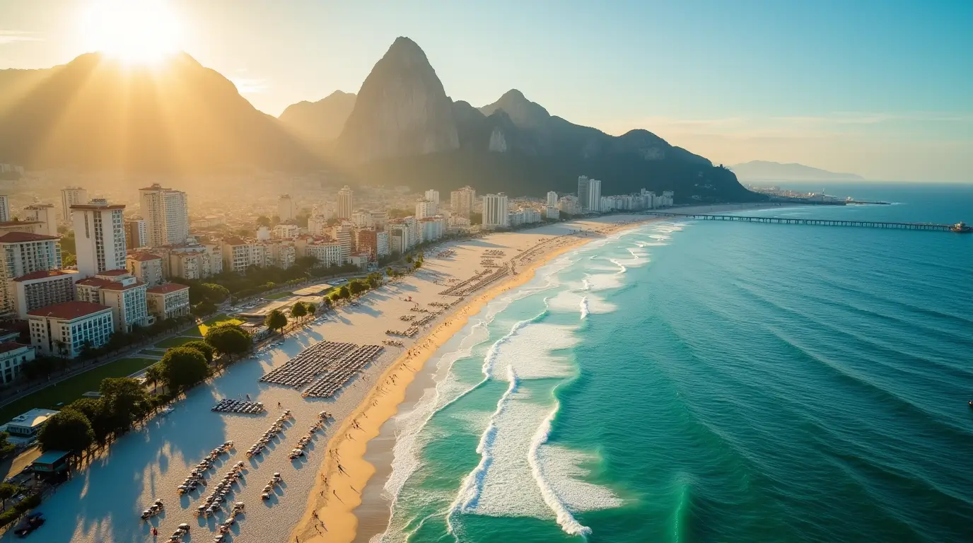 sunlit rio beach with turquoise waves, a pier, and a mountainous backdrop, bordered by a city skyline