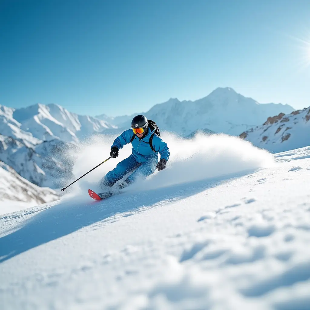 Skier in bright blue jacket carving through powder snow on mountain slope with snow-capped peaks in background