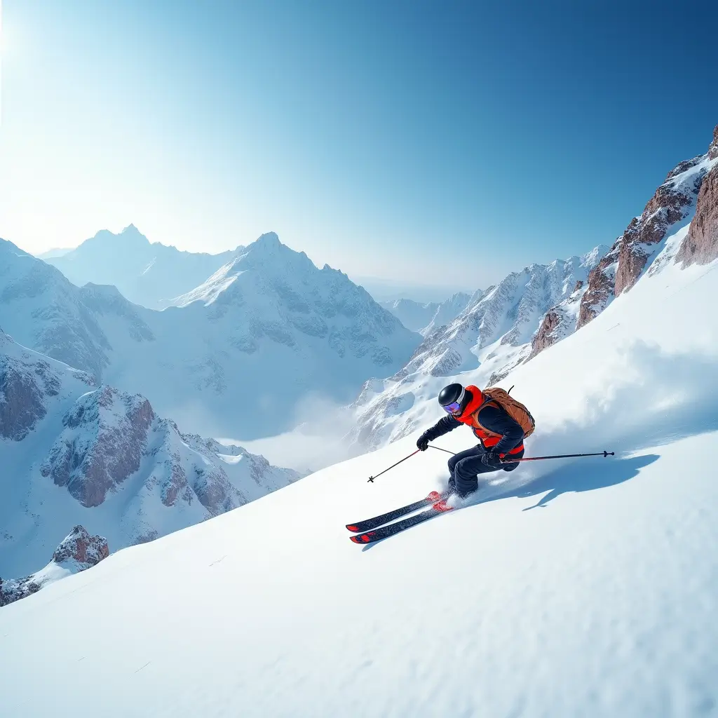 A skier dressed in bright gear glides down a snowy slope in a majestic mountain range under a clear blue sky.