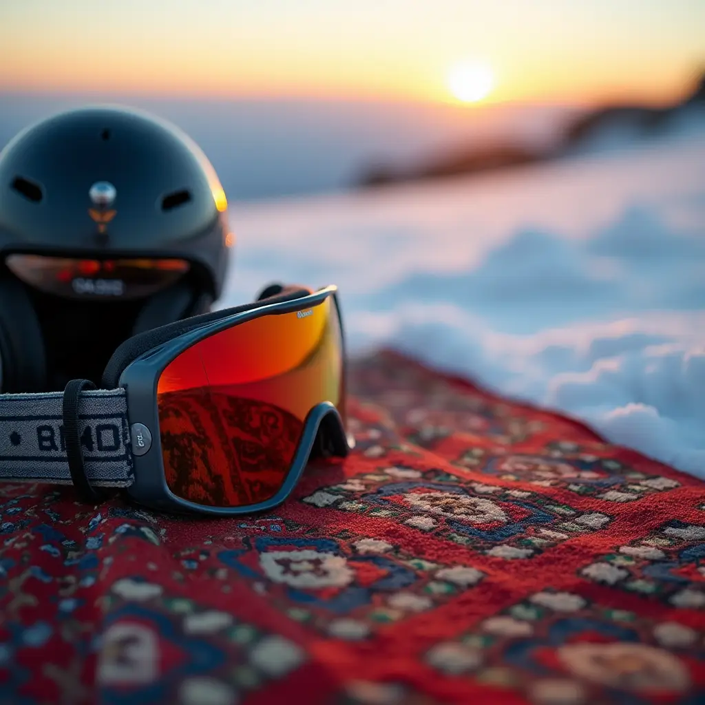 Ski goggles and helmet resting on a traditional Moroccan carpet against a snowy sunset background