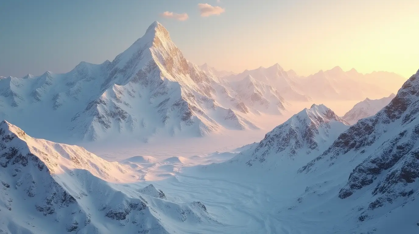 A breathtaking view of snow-covered mountain peaks illuminated by soft sunlight during sunrise, with a serene valley blanketed in snow below.