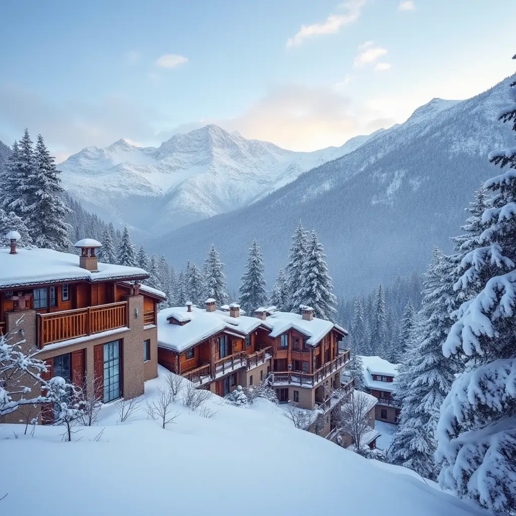 Snow-covered chalets nestled among tall pine trees with majestic mountains in the background under a clear sky.