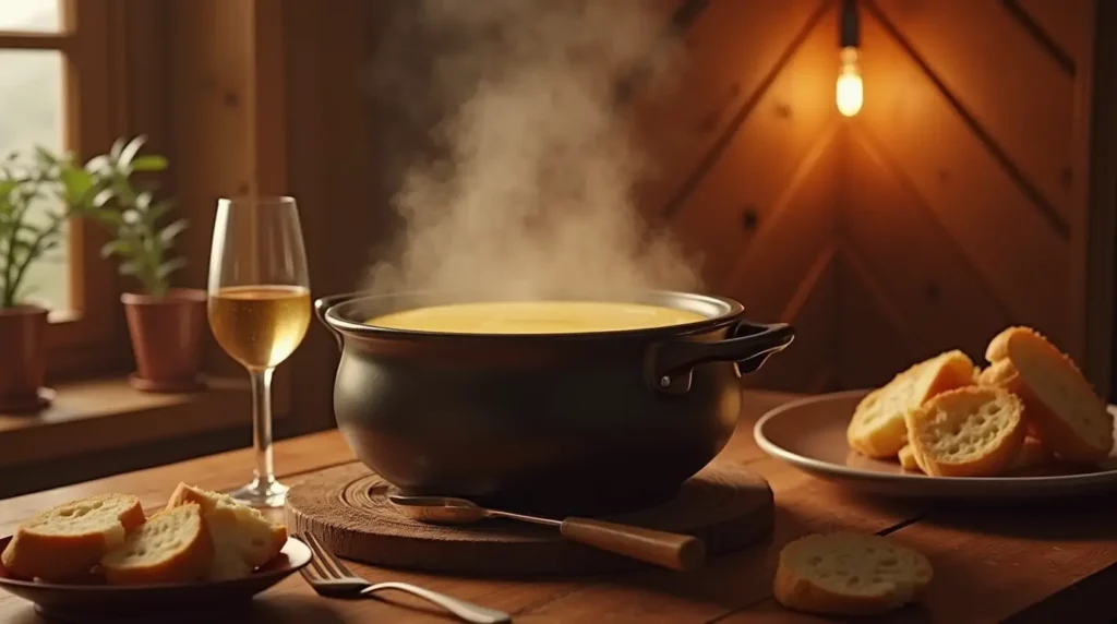 Traditional Swiss fondue setup in a cozy wooden chalet interior