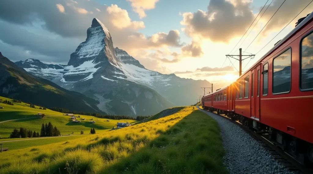 Red train traveling through green fields with the Matterhorn in the background at sunset.