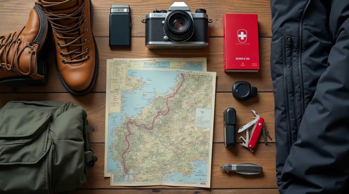 Flatlay of essential travel items for Switzerland including hiking boots, maps, and outdoor gear