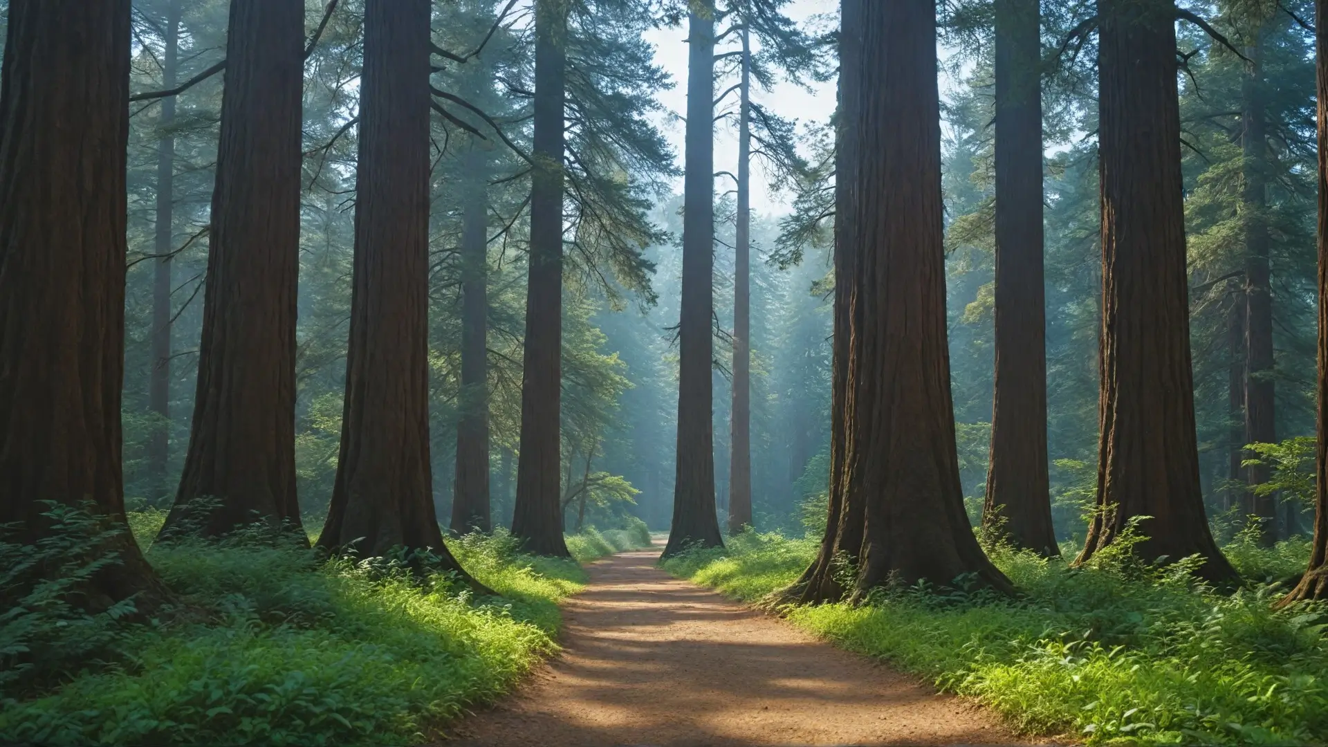 A breathtaking landscape showcasing the diverse natural wonders of the USA, featuring towering redwoods in California, fiery volcanoes in Hawaii, arid deserts in the Southwest, and lush forests in the Pacific Northwest. The scene should evoke a sense of adventure and tranquility, highlighting the beauty and diversity of American landscapes, with a clear blue sky and vibrant colors.